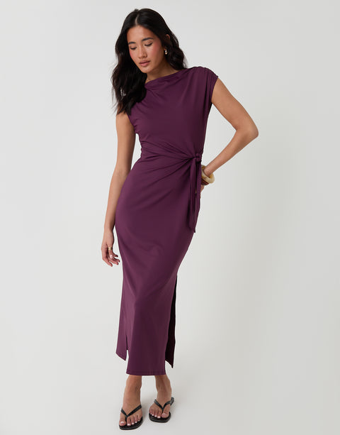Threadbare Twist Detail Slash Neck Maxi Dress in Plum - full body