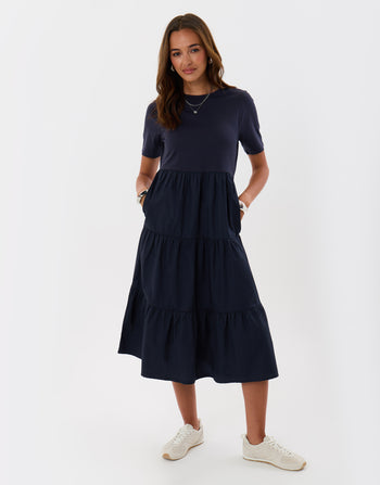 Threadbare Tiered Midaxi Dress in Navy - front view