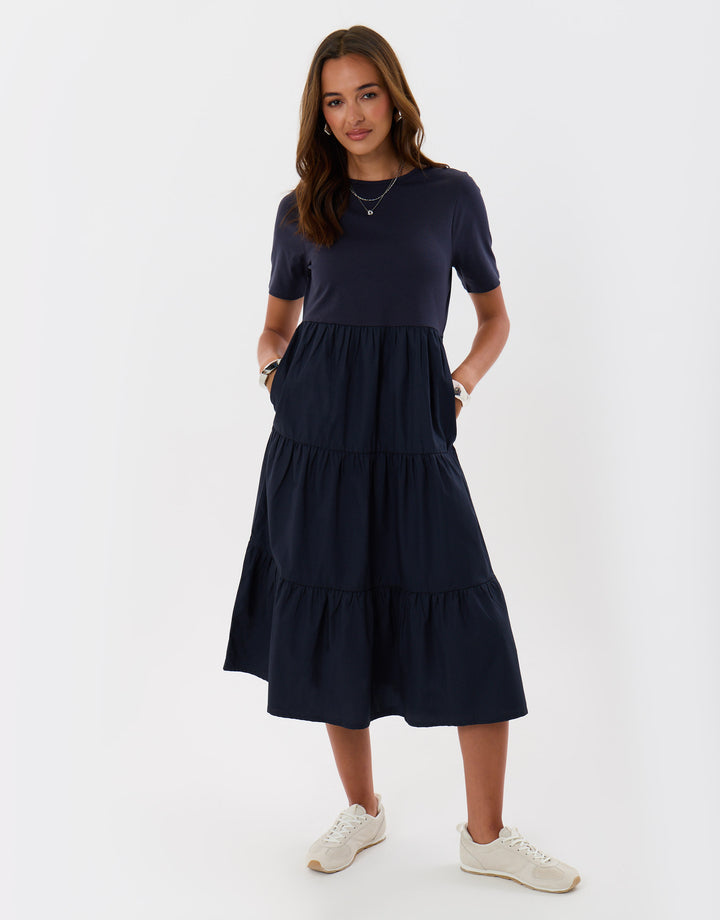 Threadbare Tiered Midaxi Dress in Navy - front view