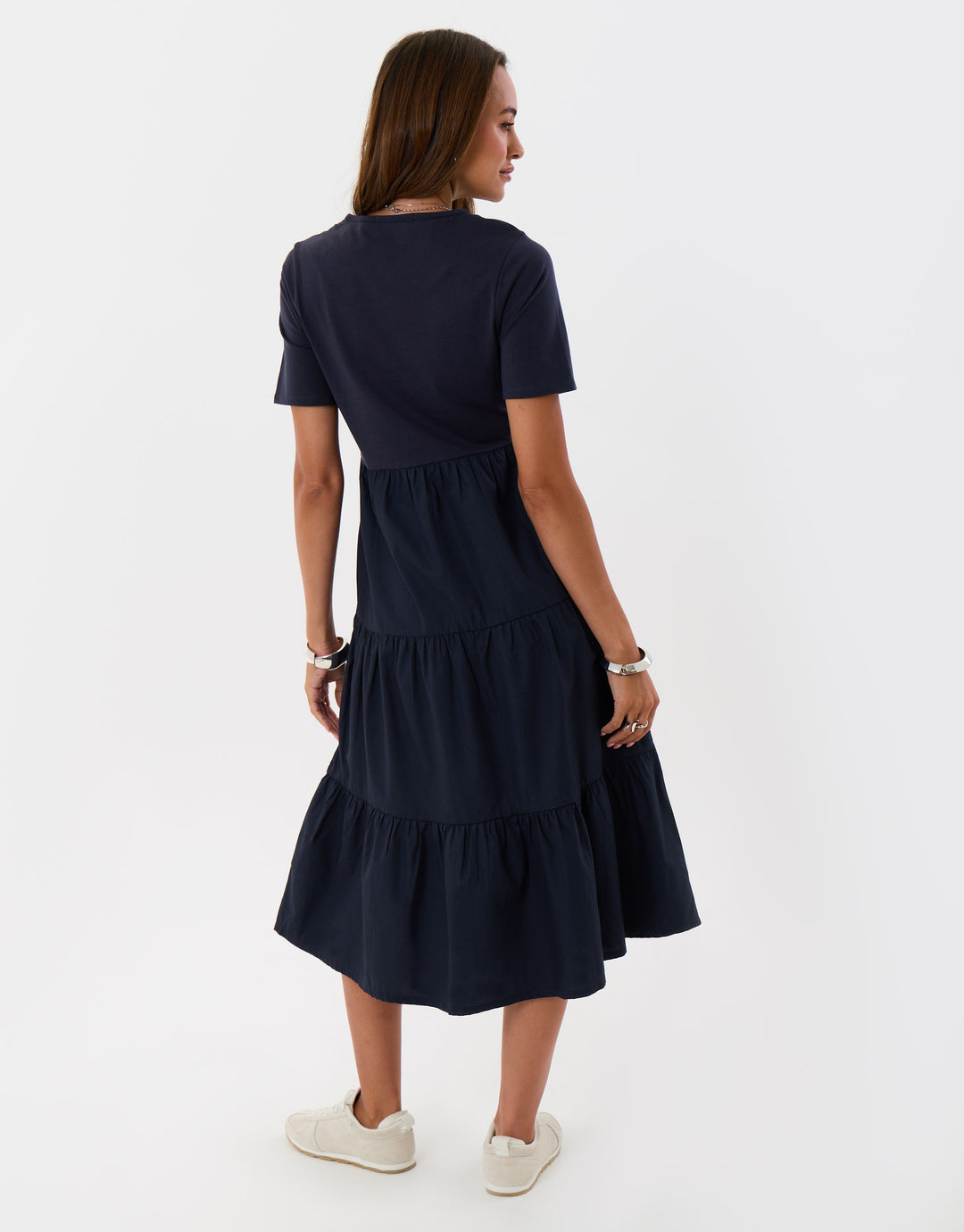 Threadbare Tiered Midaxi Dress in Navy - back view
