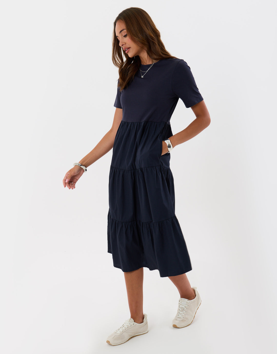 Threadbare Tiered Midaxi Dress in Navy - full body