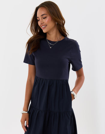 Threadbare Tiered Midaxi Dress in Navy - close up