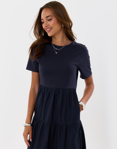 Threadbare Tiered Midaxi Dress in Navy - close up
