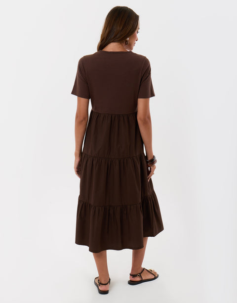 Threadbare Tiered Midaxi Dress in Brown - back view