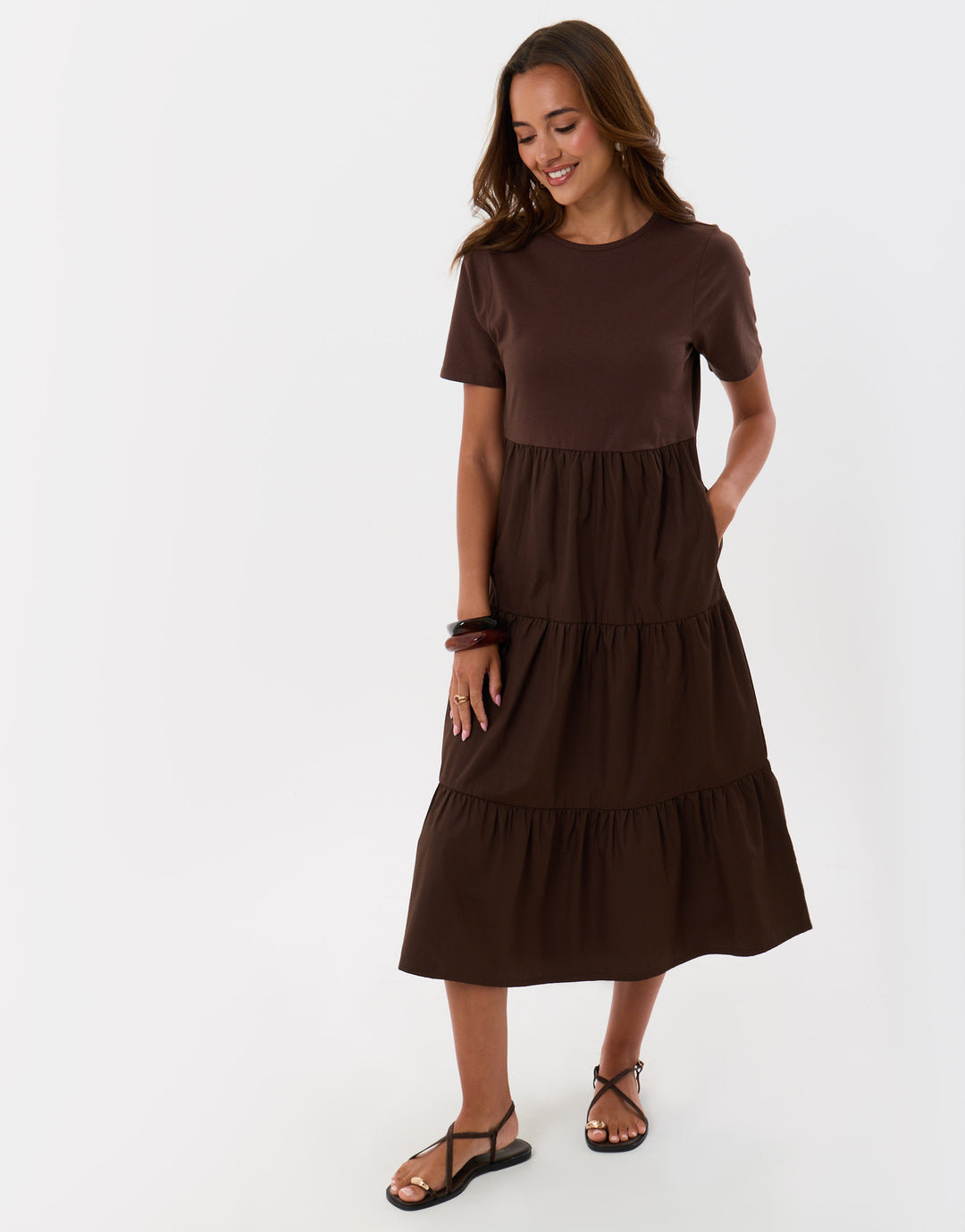 Threadbare Tiered Midaxi Dress in Brown - full body
