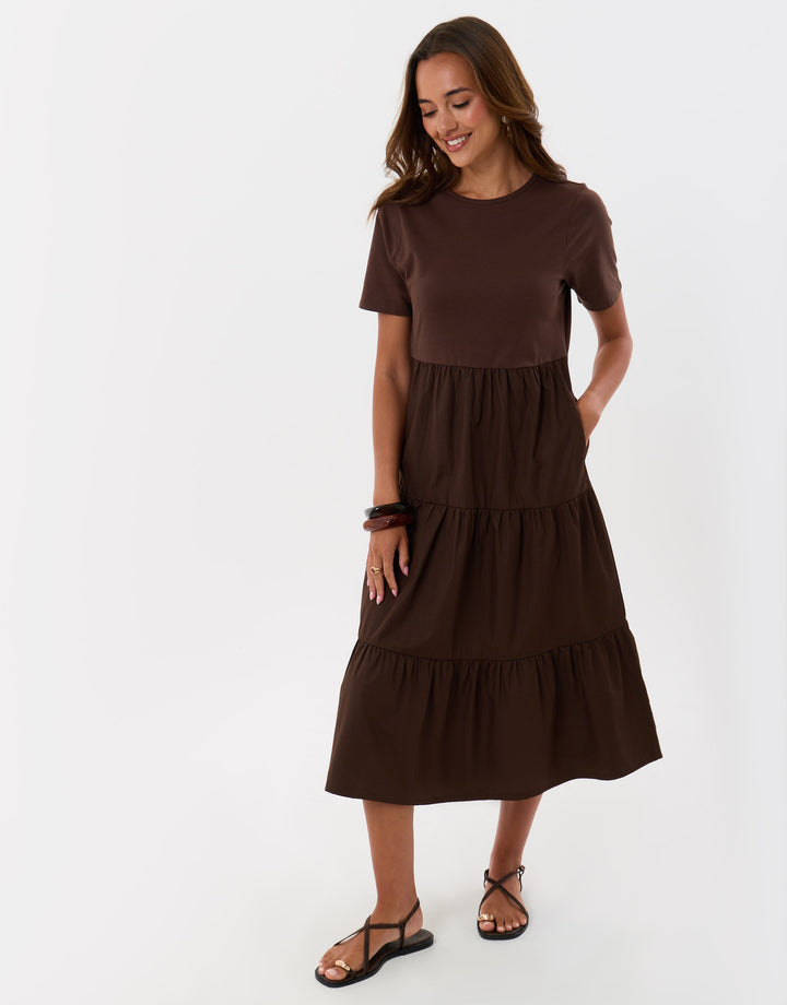 Threadbare Tiered Midaxi Dress in Brown - full body