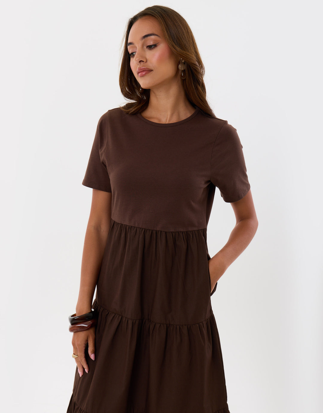 Threadbare Tiered Midaxi Dress in Brown - close up