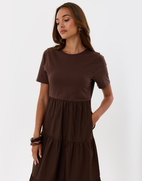 Threadbare Tiered Midaxi Dress in Brown - close up