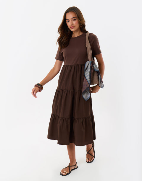 Threadbare Tiered Midaxi Dress in Brown - front view