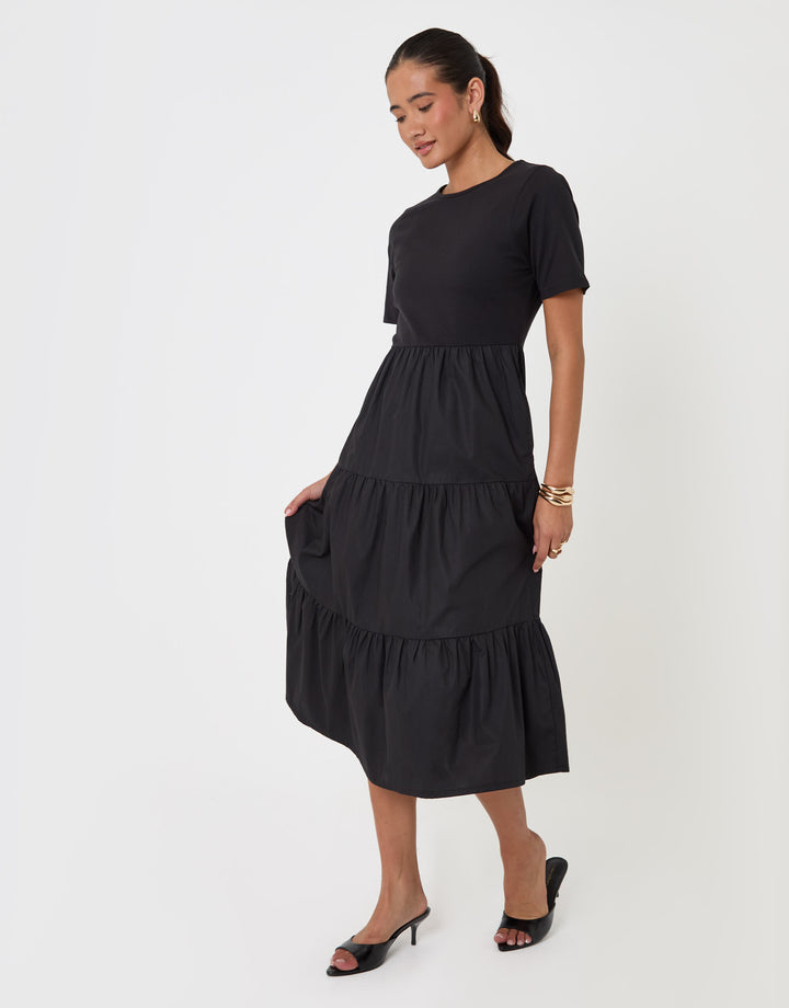 Threadbare Tiered Midaxi Dress in Black - full body