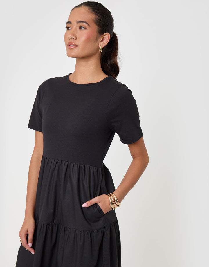 Threadbare Tiered Midaxi Dress in Black - close up