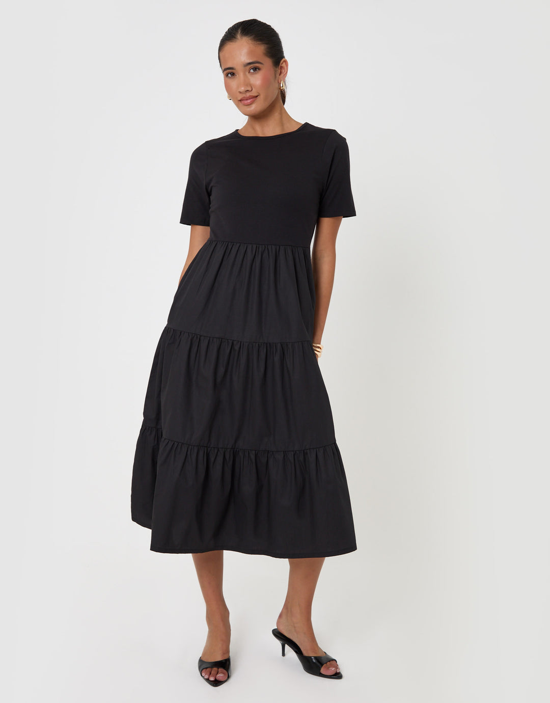 Threadbare Tiered Midaxi Dress in Black - front view