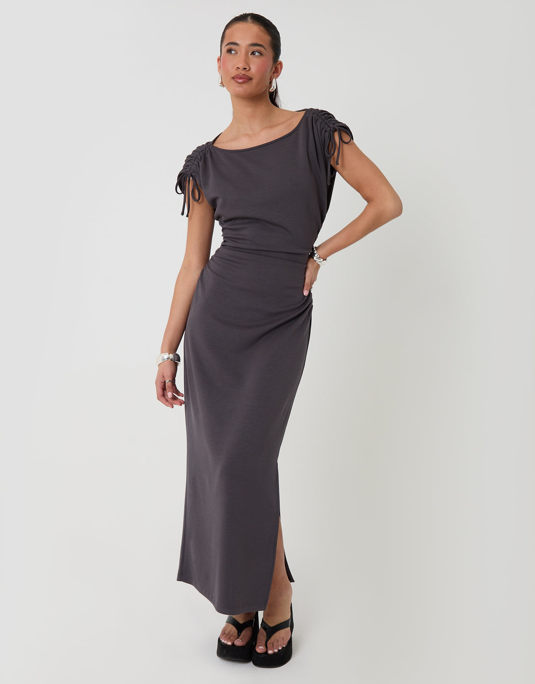 Threadbare Ruched Midi Dress with Shoulder Tie Details in Charcoal Grey - front view