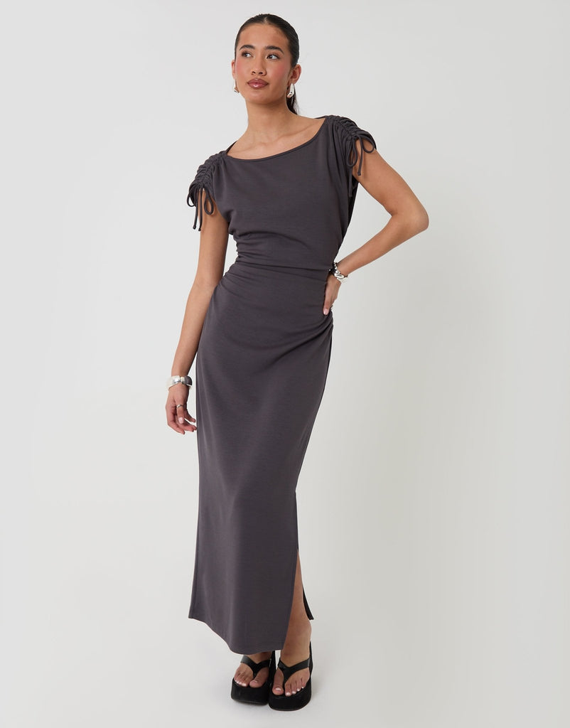 Ruched Midi Dress Shoulder Tie Details