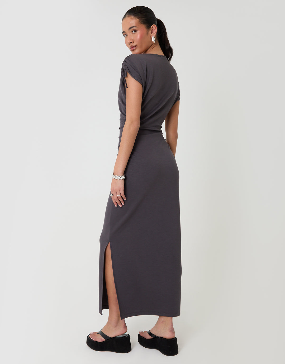 Threadbare Ruched Midi Dress with Shoulder Tie Details in Charcoal Grey - back view