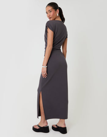 Threadbare Ruched Midi Dress with Shoulder Tie Details in Charcoal Grey - back view