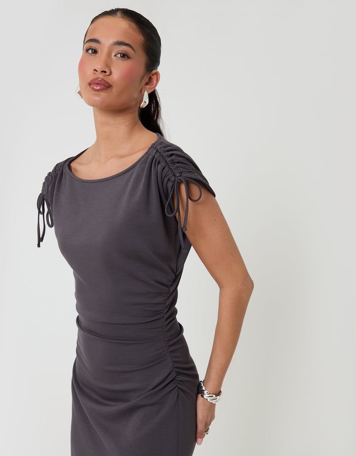 Threadbare Ruched Midi Dress with Shoulder Tie Details in Charcoal Grey - detail view
