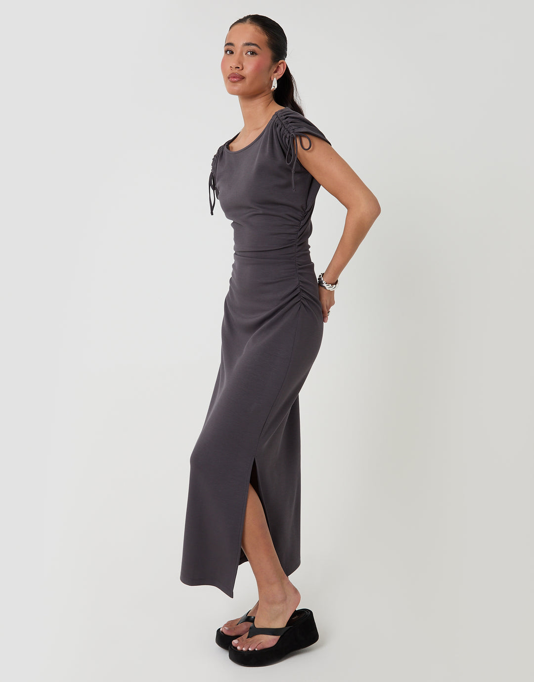 Threadbare Ruched Midi Dress with Shoulder Tie Details in Charcoal Grey - side view