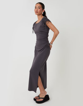 Threadbare Ruched Midi Dress with Shoulder Tie Details in Charcoal Grey - side view