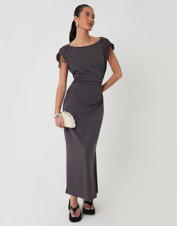 Threadbare Ruched Midi Dress with Shoulder Tie Details in Charcoal Grey - outfit view