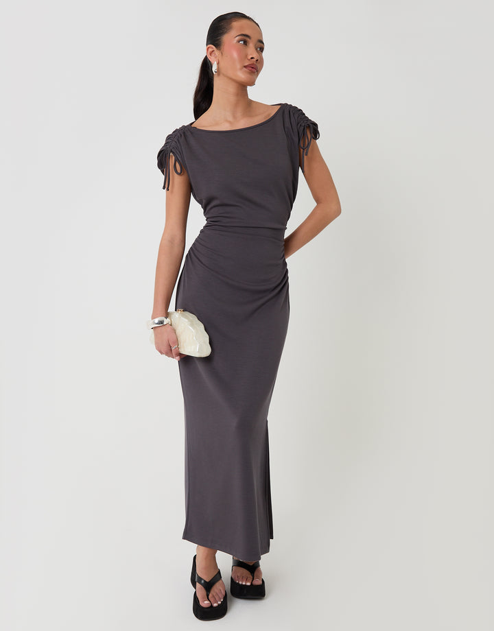 Threadbare Ruched Midi Dress with Shoulder Tie Details in Charcoal Grey - outfit view