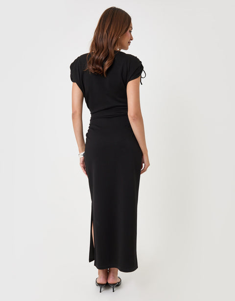 Threadbare Petite Ruched Midi Dress with Shoulder Tie Details in Black - back view