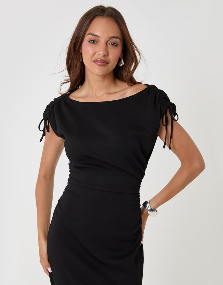 Threadbare Petite Ruched Midi Dress with Shoulder Tie Details in Black - close up