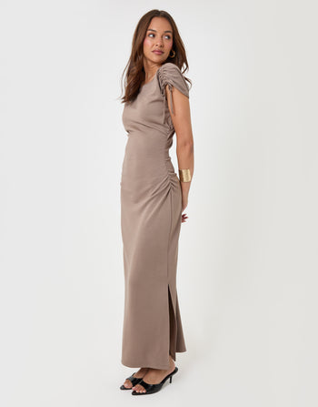 Threadbare Ruched Midi Dress with Shoulder Tie Details in Mink Brown - front view