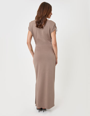 Threadbare Ruched Midi Dress with Shoulder Tie Details in Mink Brown - back view