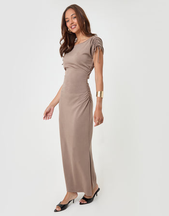 Threadbare Ruched Midi Dress with Shoulder Tie Details in Mink Brown - full body