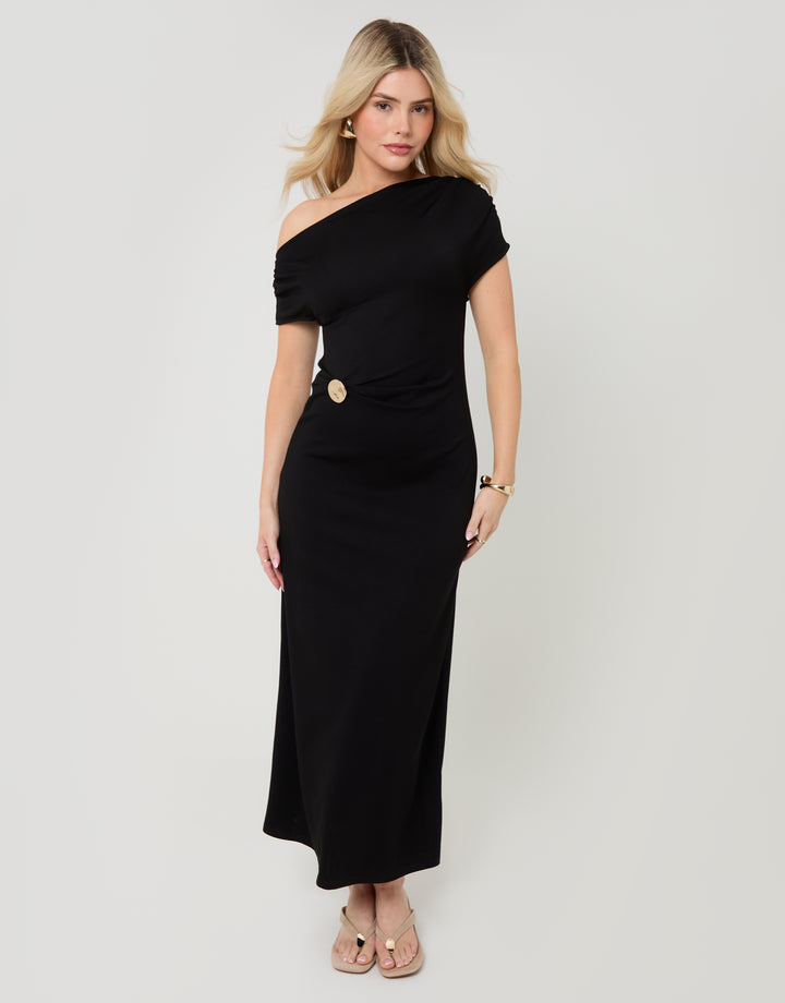 Threadbare Petite Off Shoulder Draped Jersey Maxi Dress in Black - full body