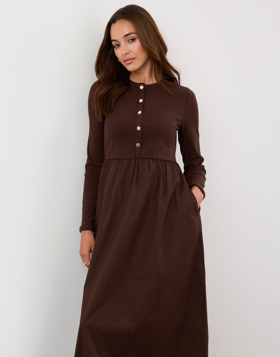 Threadbare2 in 1 Button Up Midaxi Dress in Chocolate Brown - close up