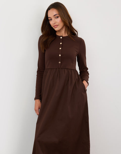 Threadbare Petite 2 in 1 Button Up Midaxi Dress in Chocolate Brown - close up