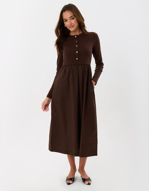 Threadbare Petite 2 in 1 Button Up Midaxi Dress in Chocolate Brown - front view