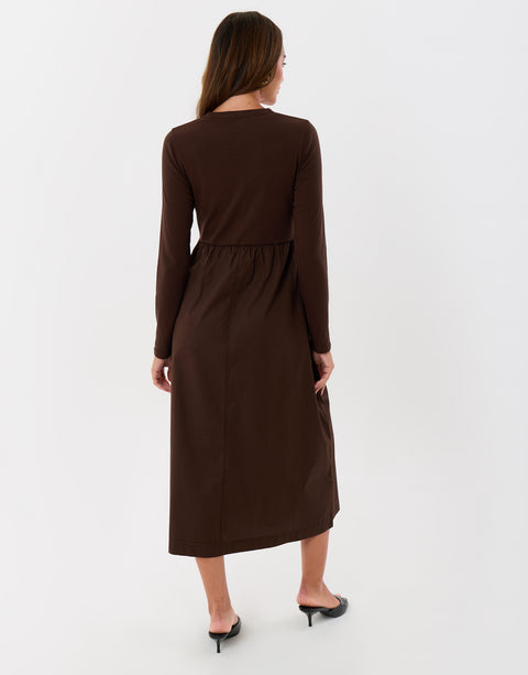 Threadbare Petite 2 in 1 Button Up Midaxi Dress in Chocolate Brown - back view