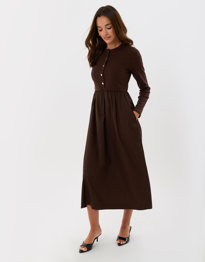 Threadbare Petite 2 in 1 Button Up Midaxi Dress in Chocolate Brown - full body