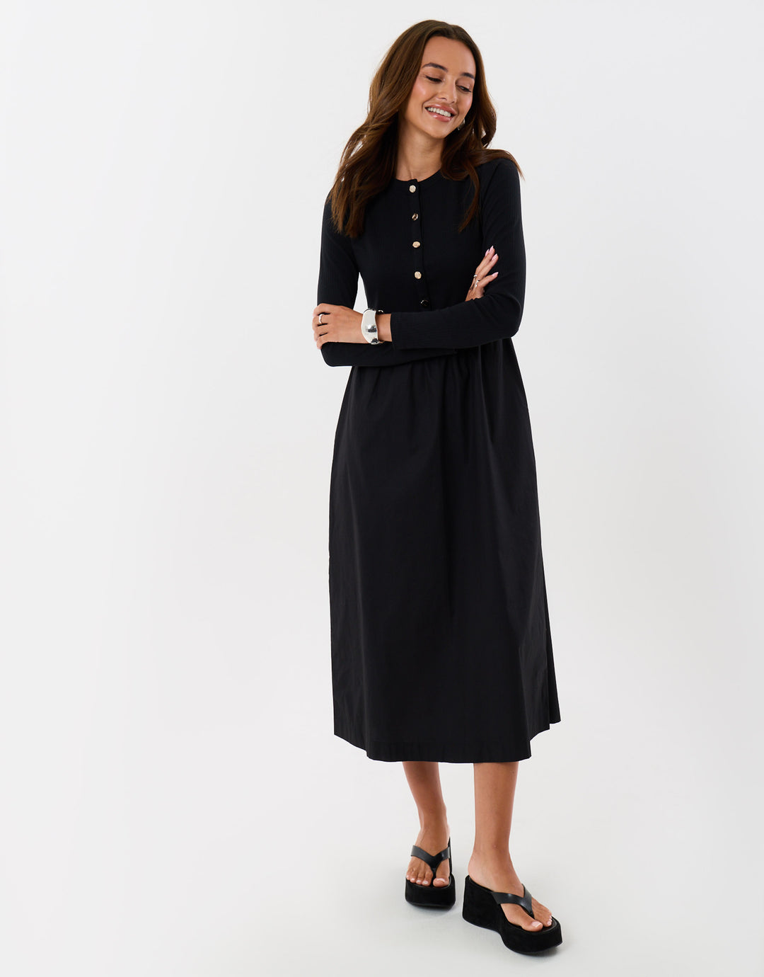 Threadbare 2 in 1 Button Up Midaxi Dress in Black - front view