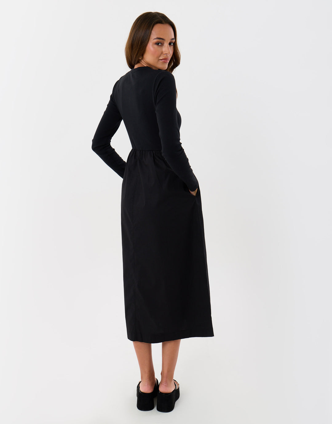 Threadbare Petite 2 in 1 Button Up Midaxi Dress in Black - back view