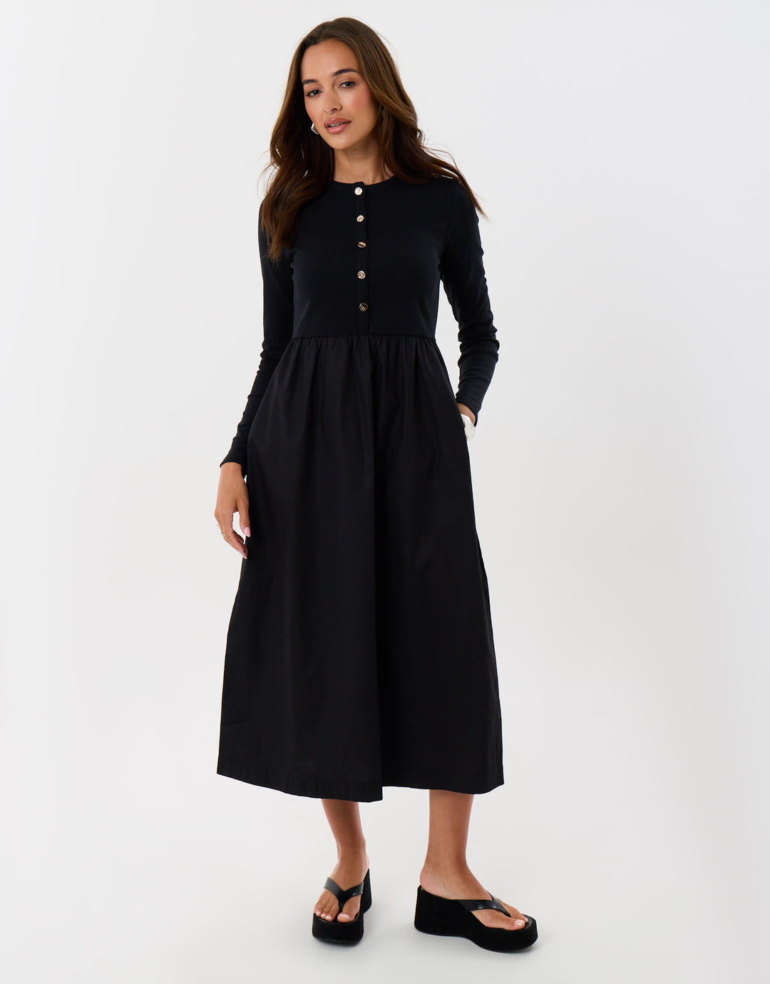 Threadbare 2 in 1 Button Up Midaxi Dress in Black - full body