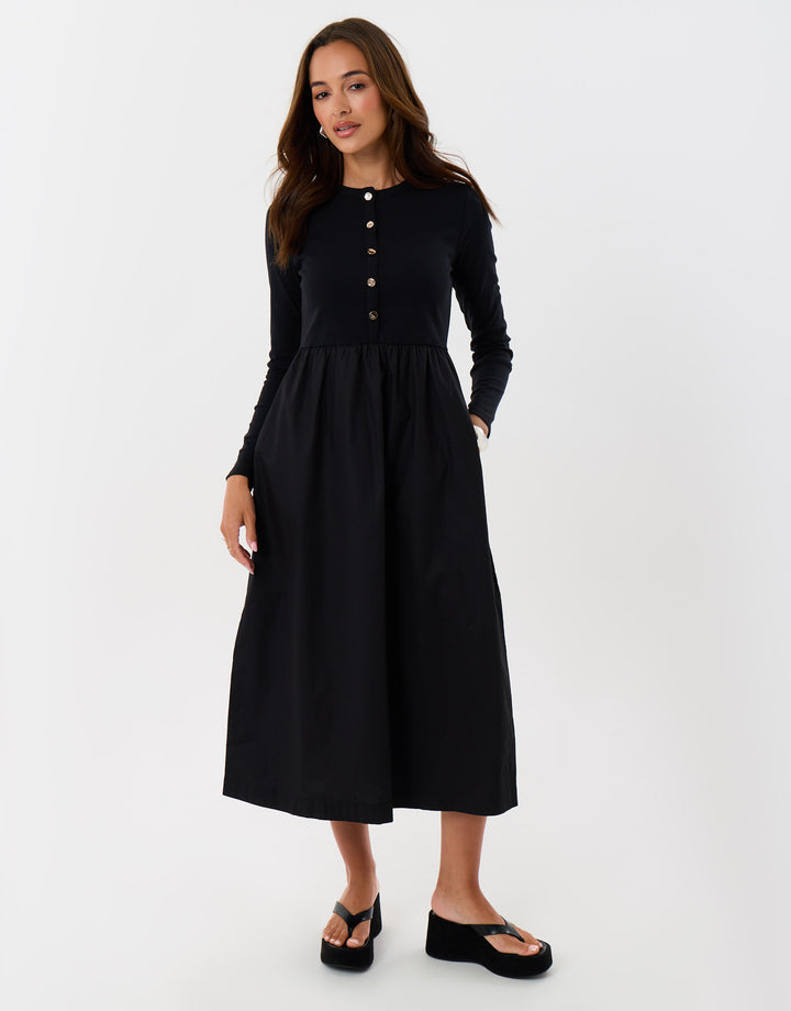 Threadbare Petite 2 in 1 Button Up Midaxi Dress in Black - full body