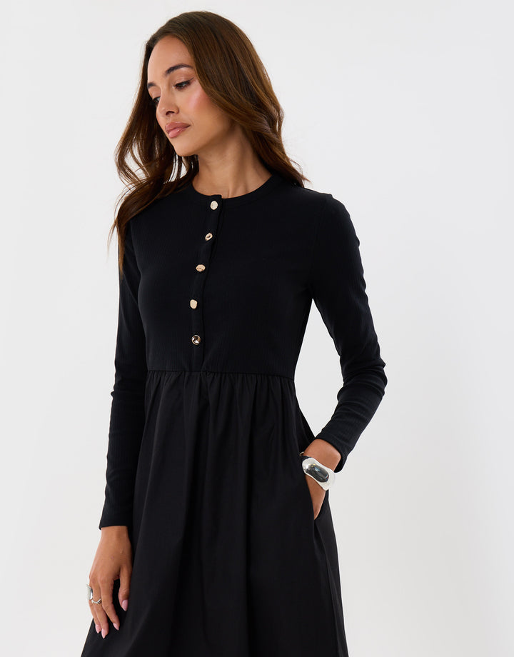 Threadbare 2 in 1 Button Up Midaxi Dress in Black - close up