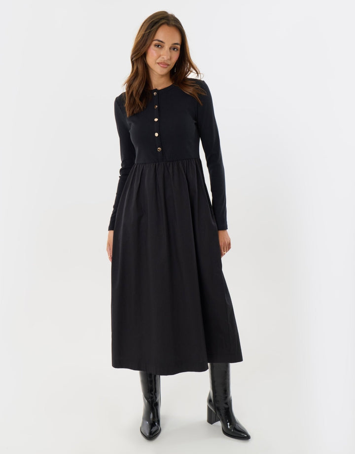 2 in 1 Button Up Midaxi Dress in Black