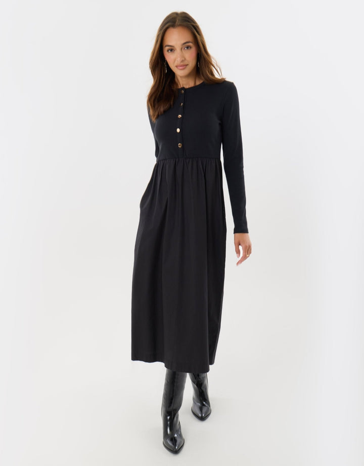 2 in 1 Button Up Midaxi Dress in Black