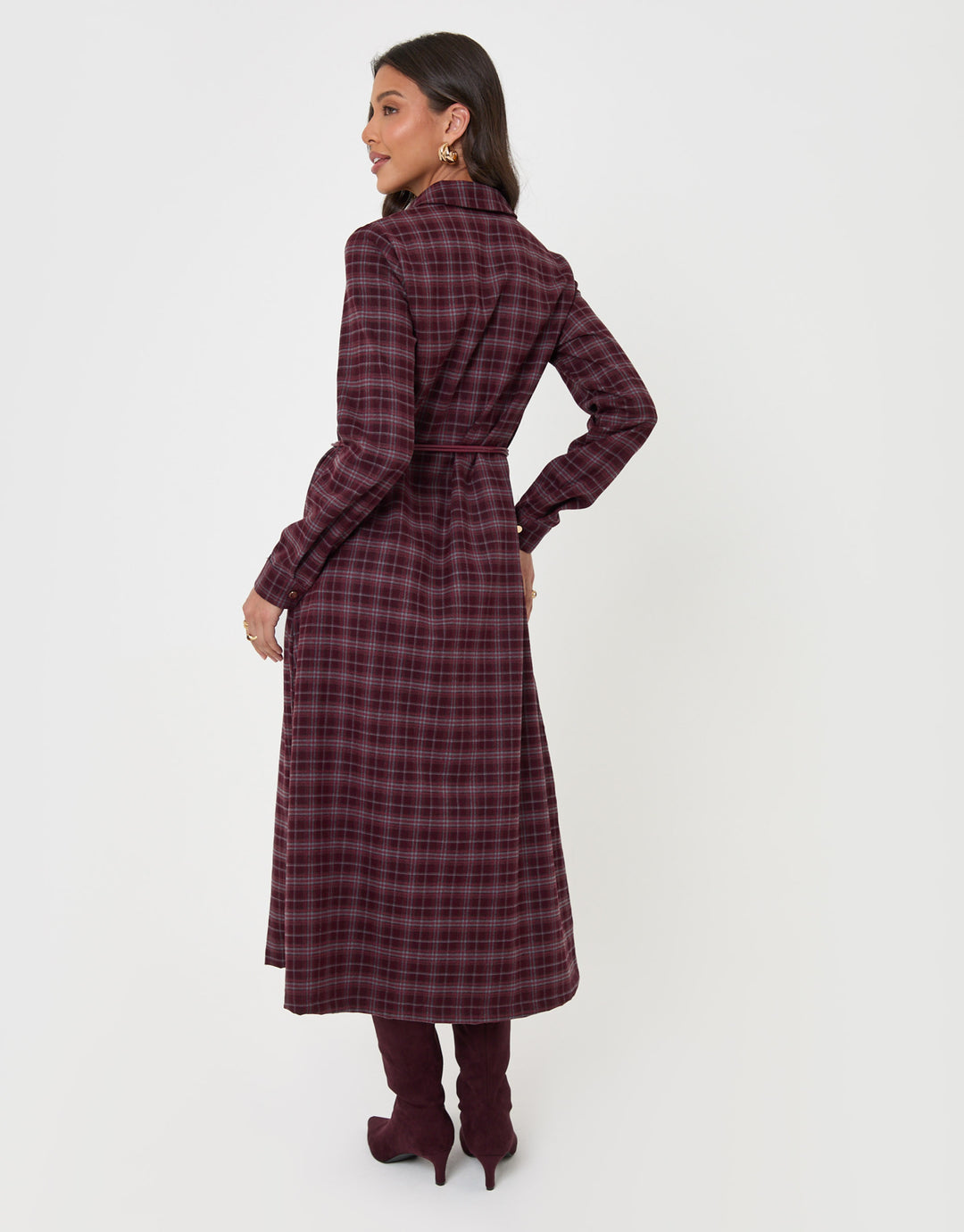 Threadbare Belted Midaxi Shirt Dress in Plum Check - back view