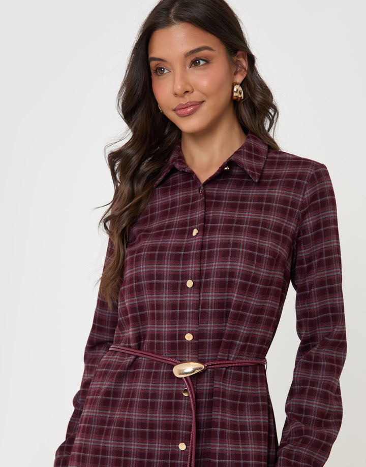 Threadbare Belted Midaxi Shirt Dress in Plum Check - close up