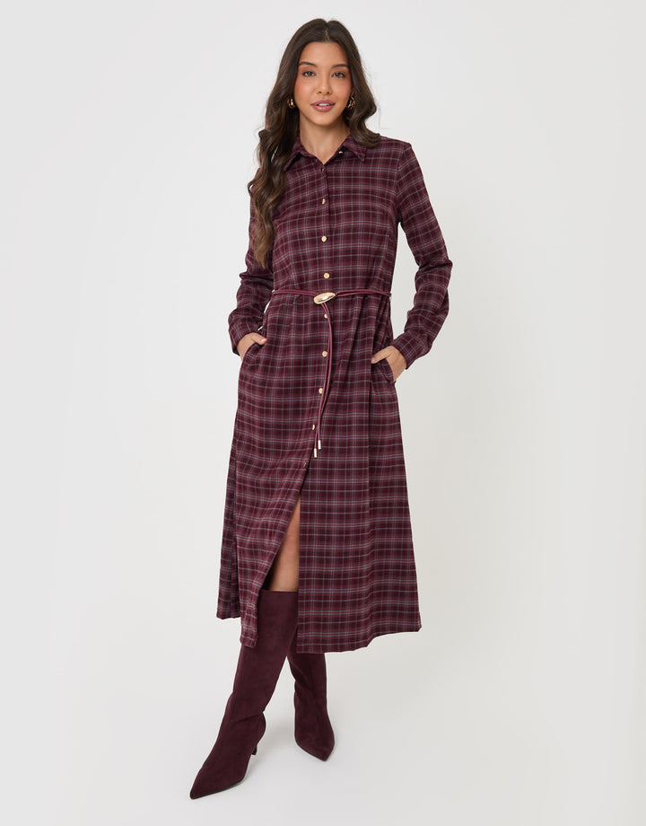 Threadbare Belted Midaxi Shirt Dress in Plum Check - full body