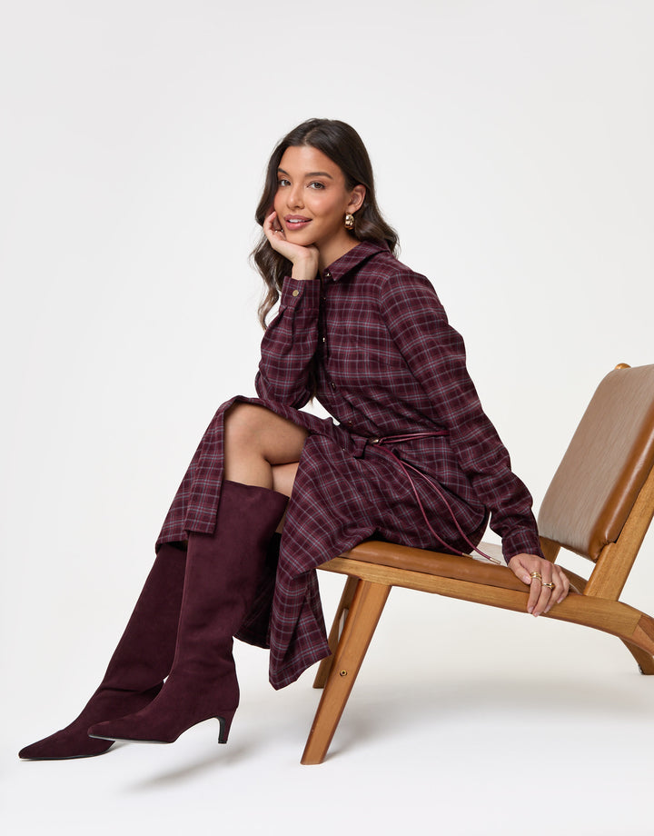 Threadbare Belted Midaxi Shirt Dress in Plum Check - sat down