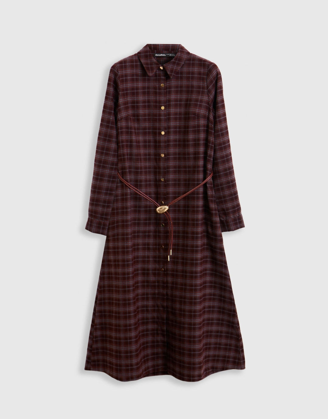 Threadbare Midaxi Shirt Dress with Detachable Belt in Plum Check - mannequin image