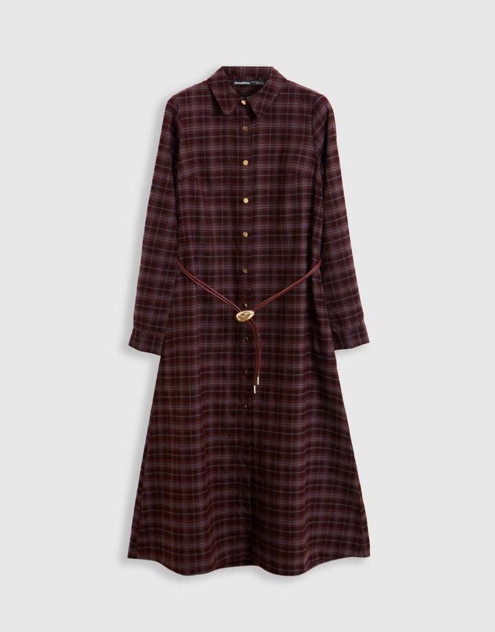Threadbare Midaxi Shirt Dress with Detachable Belt in Plum Check - mannequin image