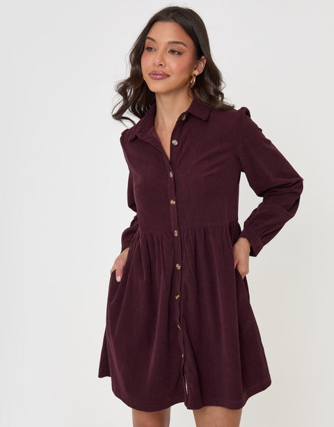 Threadbare Corduroy Mini Shirt Dress in Purple - front view